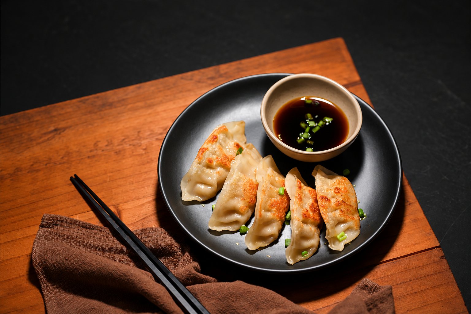Cinq gyozas dorés servis sur une assiette noire avec un bol de sauce soja parsemée de ciboule, des baguettes et une serviette brune posées sur une planche en bois.