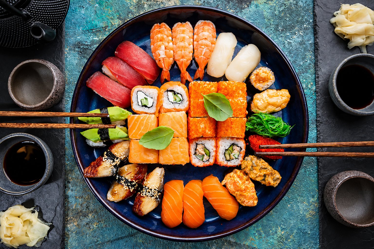 Vue du dessus d'une grande assiette bleu foncé garnie de sushis, makis, crevettes et algues, entourée de baguettes, de bols de sauce soja et de gingembre mariné.