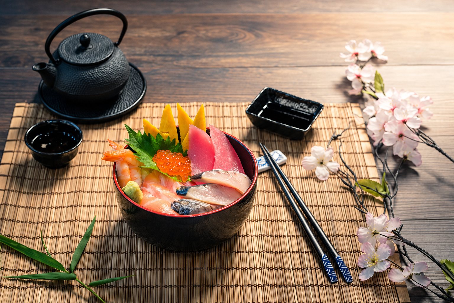 Un bol de chirashi garni de sashimis, de crevettes et d'œufs de saumon est posé sur une natte en bambou, près d'une théière en fonte, de baguettes et de fleurs de cerisier.