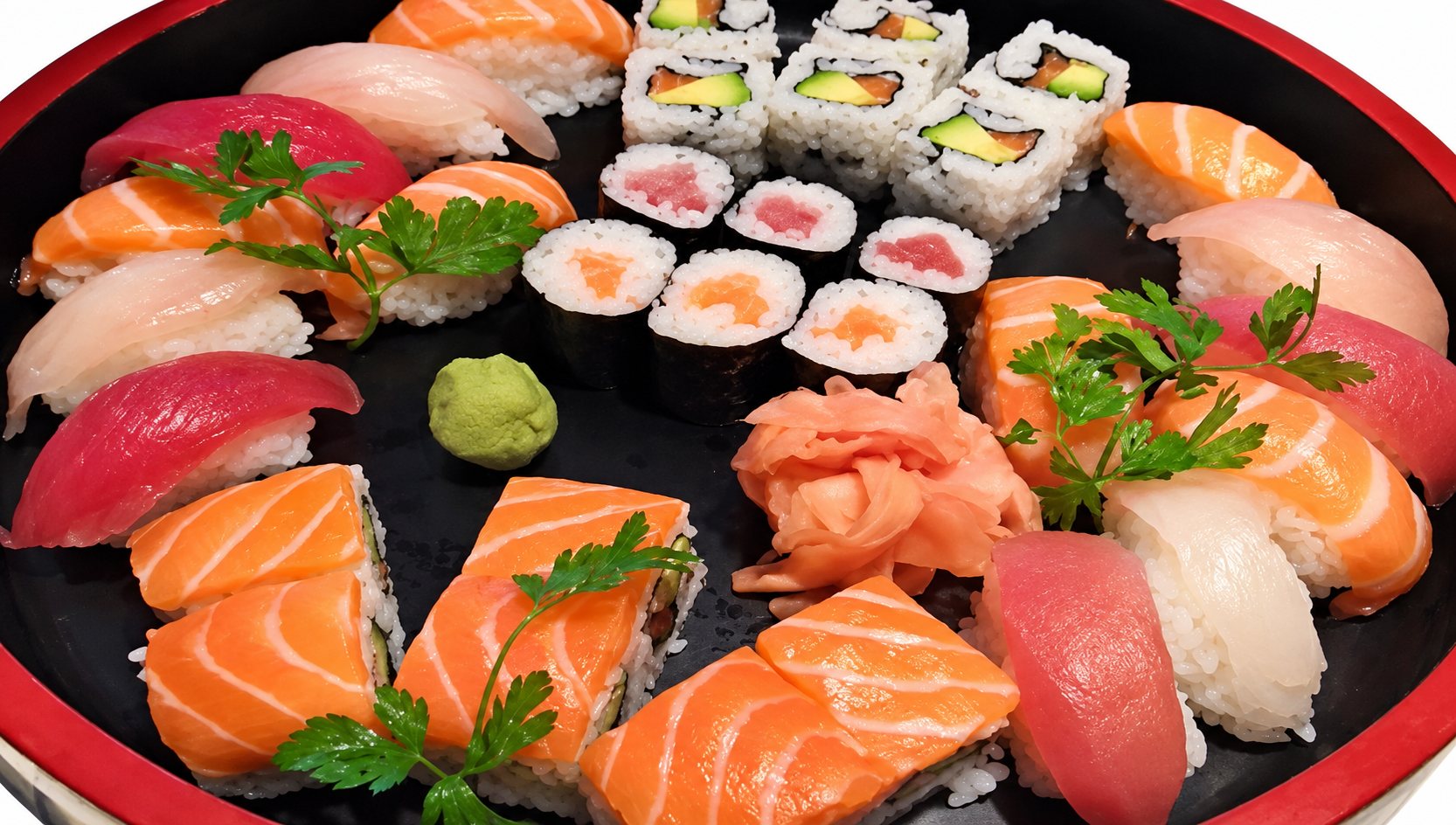 Un plateau rond de sushis au saumon, au thon et au poisson blanc, accompagnés de makis, de gingembre mariné, de wasabi et de persil.