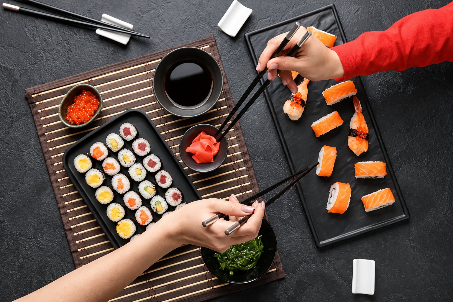 Vue de dessus de deux mains avec des baguettes qui prennent des sushis et des makis posés sur des plateaux noirs, avec sauce soja, gingembre et salade d'algues.